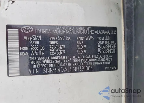 2022 Hyundai Santa Fe Limited z USA, uszkodzony, nr VIN 5NMS4DAL5NH391084